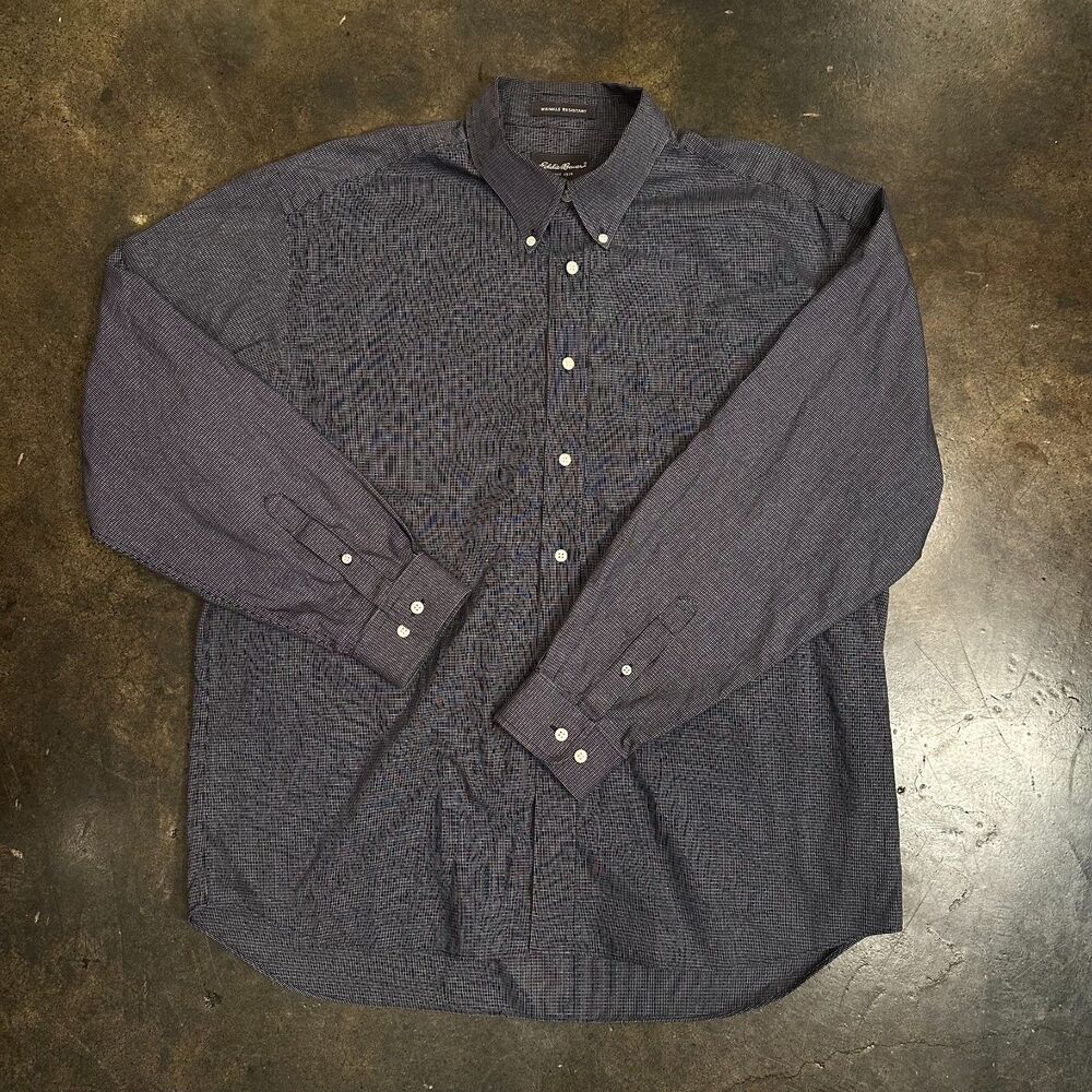 Eddie Bauer Men Button Up Shirt Size XL Black White Check Wrinkle Resistant Long